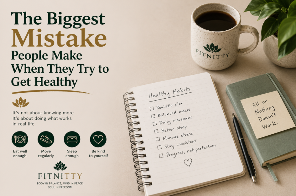 Woman reflecting on healthy lifestyle choices while planning her health routine
