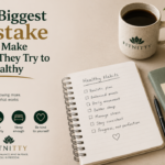 Woman reflecting on healthy lifestyle choices while planning her health routine